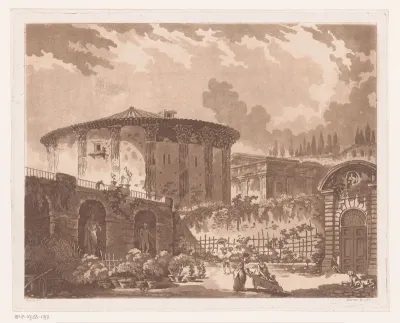 Gezicht op diverse gebouwen in Rome waaronder een tempel