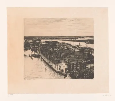 Gezicht op Dordrecht in noordelijke richting vanaf de toren van de Grote Kerk