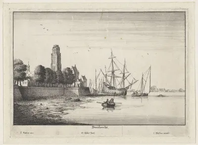 Gezicht op Dordrecht met schepen