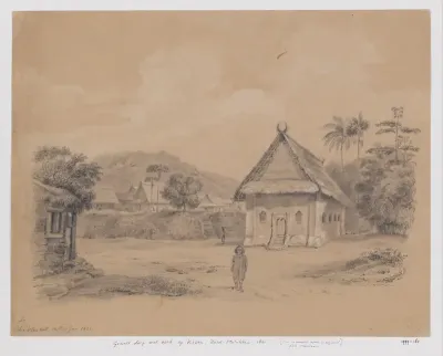 Gezicht op dorp met kerk op Kisar, Zuid-Molukken