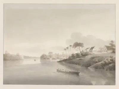 Gezicht op een aantal huizen aan een rivier, mogelijk de Jodensavanne