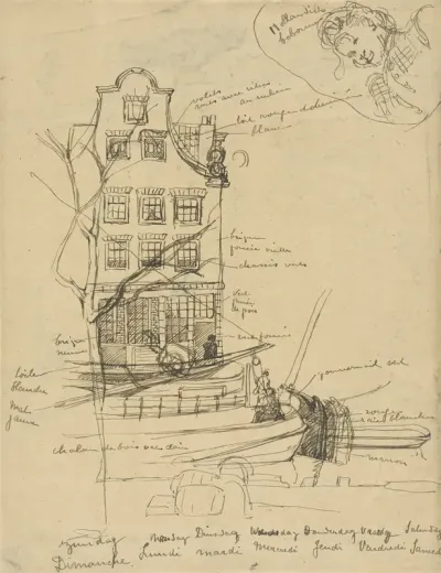 Gezicht op een Amsterdamse gevel, met ervoor in de gracht enige schuiten; bovenaan een vrouwenportretje