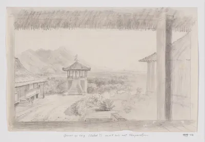 Gezicht op een berg vanuit een huis met tuinpaviljoentje, West-Java