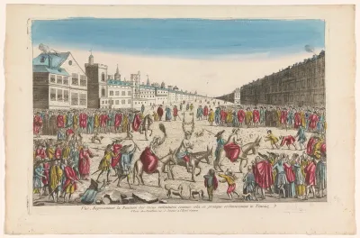 Gezicht op een bespotting van bedriegers op een plein te Venetië