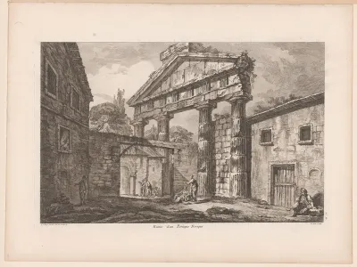 Gezicht op een binnenplaats met de ruïne van een Dorische portico