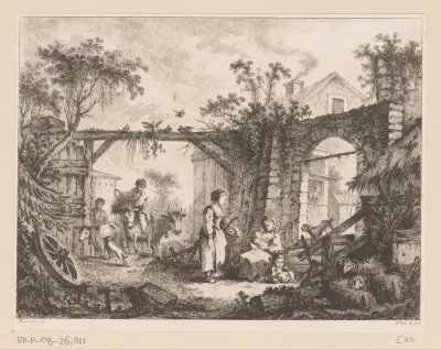 Gezicht op een binnenplaats met een doorkijk door een poort naar een huis