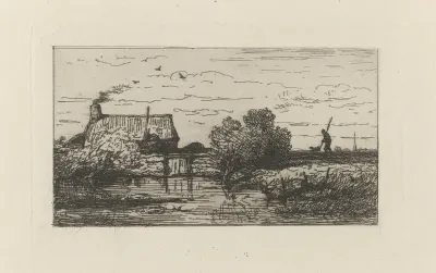 Gezicht op een boerderij aan het water
