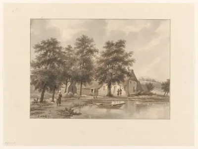 Gezicht op een boerderij aan het water