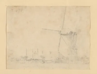 Gezicht op een boerderij met windmolen