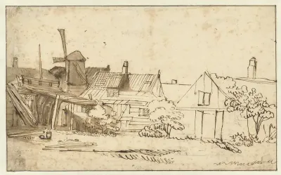 Gezicht op een boerenwoning met een molen