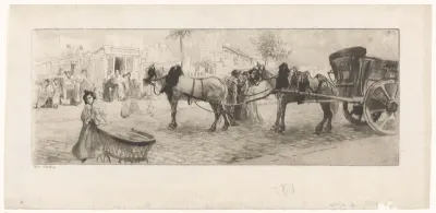 Gezicht op een boulevard met voor een kar gespannen paarden en een vrouw met een kinderwagen