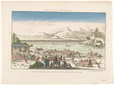 Gezicht op een brug en een haven te Peking