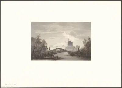 Gezicht op een brug en een molen, mogelijk in omgeving Amsterdam
