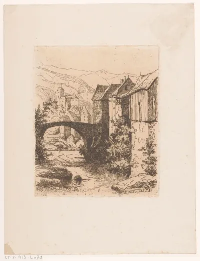 Gezicht op een brug in een bergdorp