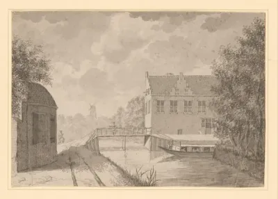Gezicht op een brug over de trekvaart tussen Leiden en Den Haag