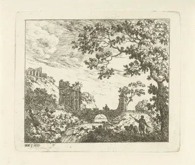 Gezicht op een brug over een rivier met een waterval