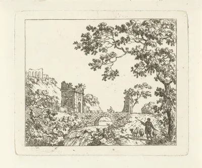 Gezicht op een brug over een rivier met een waterval