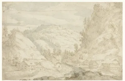 Gezicht op een dal met een dorp en een bergbeekje