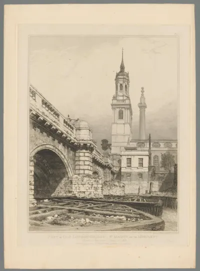 Gezicht op een deel van de oude London Bridge, het Monument en de St. Magnus-the-Martyr kerk