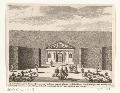 Gezicht op een deel van de tuinen met het tuinhuis op landgoed Clingendael