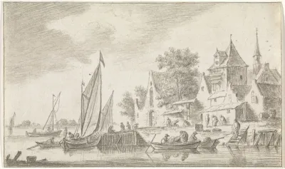 Gezicht op een dorp aan een rivier