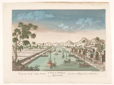 Gezicht op een dorp aan het water in Cochin-China
