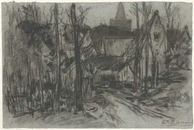 Gezicht op een dorp door de bomen
