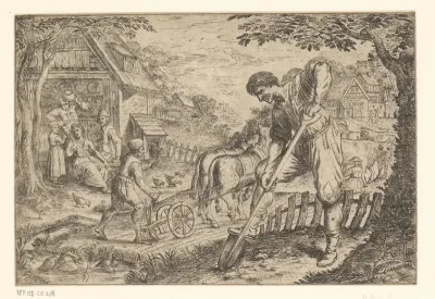 Gezicht op een dorp met boeren