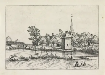 Gezicht op een dorp met brug en een kerk