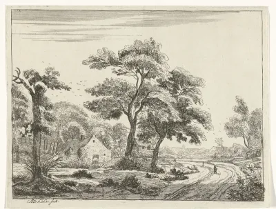 Gezicht op een dorp met een boerderij in het midden