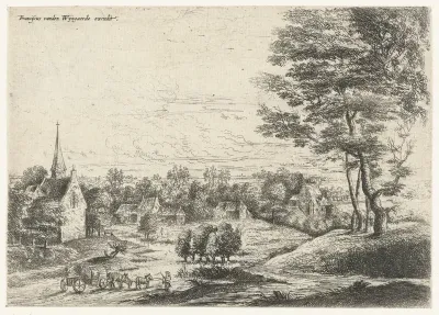 Gezicht op een dorp met een huifkar