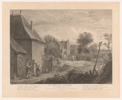 Gezicht op een dorp met inwoners bij een melkmeid
