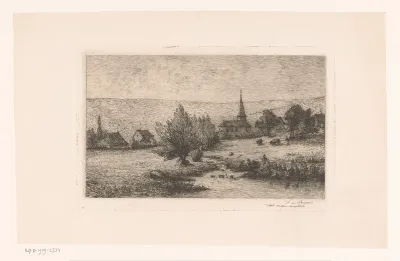 Gezicht op een dorp met kerk, gelegen tegen een helling