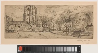 Gezicht op een dorp met kerk met regenbuien