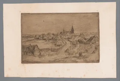 Gezicht op een dorp met kerk op de achtergrond