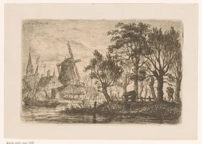 Gezicht op een dorp met molen aan het water