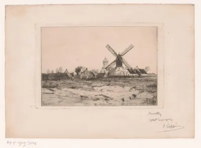 Gezicht op een dorp met molen