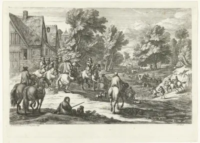 Gezicht op een dorp met ruiters op de voorgrond
