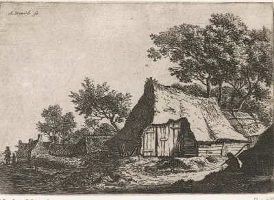 Gezicht op een dorp met wandelaars