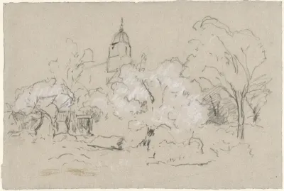 Gezicht op een dorpje met kerk verscholen achter enkele bomen