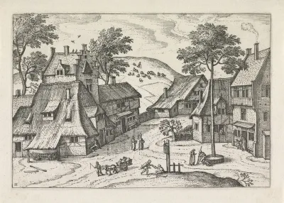 Gezicht op een dorpsplein met een bedelaar