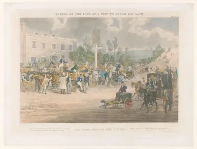 Gezicht op een drukke straat voor The Lord Nelson Inn in de wijk Cheam