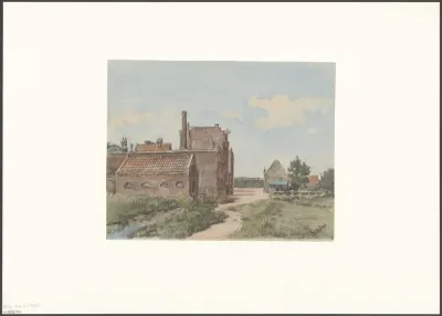 Gezicht op een fabriek en een boerderij gezien vanuit de Groenelaan