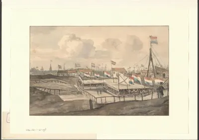 Gezicht op een feesttent opgericht ter ere van de eerste steenlegging van de Oosterdoksluis