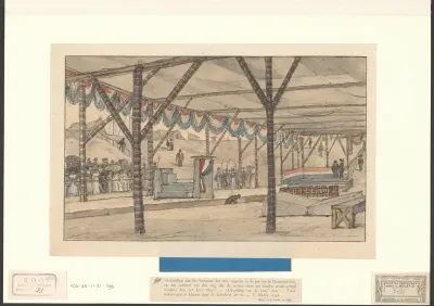 Gezicht op een feesttent opgericht ter ere van de eerste steenlegging van de Oosterdoksluis