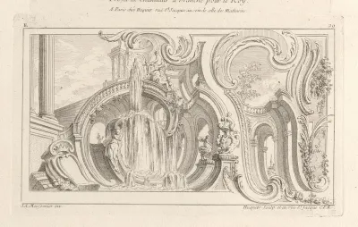 Gezicht op een fontein tegen een achtergrond van rocailles en architectuur