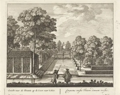 Gezicht op een fontein vanaf de laan naar Kasteel Rosendael