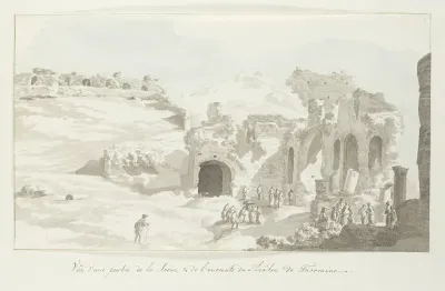 Gezicht op een gedeelte van het toneel en de muur daarachter van het theater van Taormine