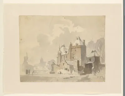 Gezicht op een gefantaseerd(?) kasteel nabij een stad