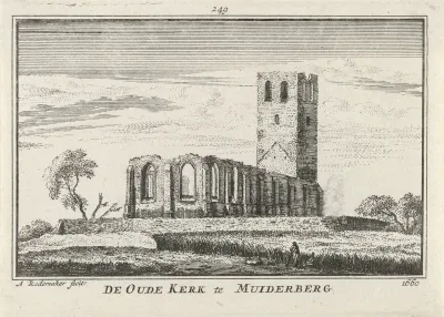 Gezicht op een geruïneerde kerk te Muiderberg, 1660